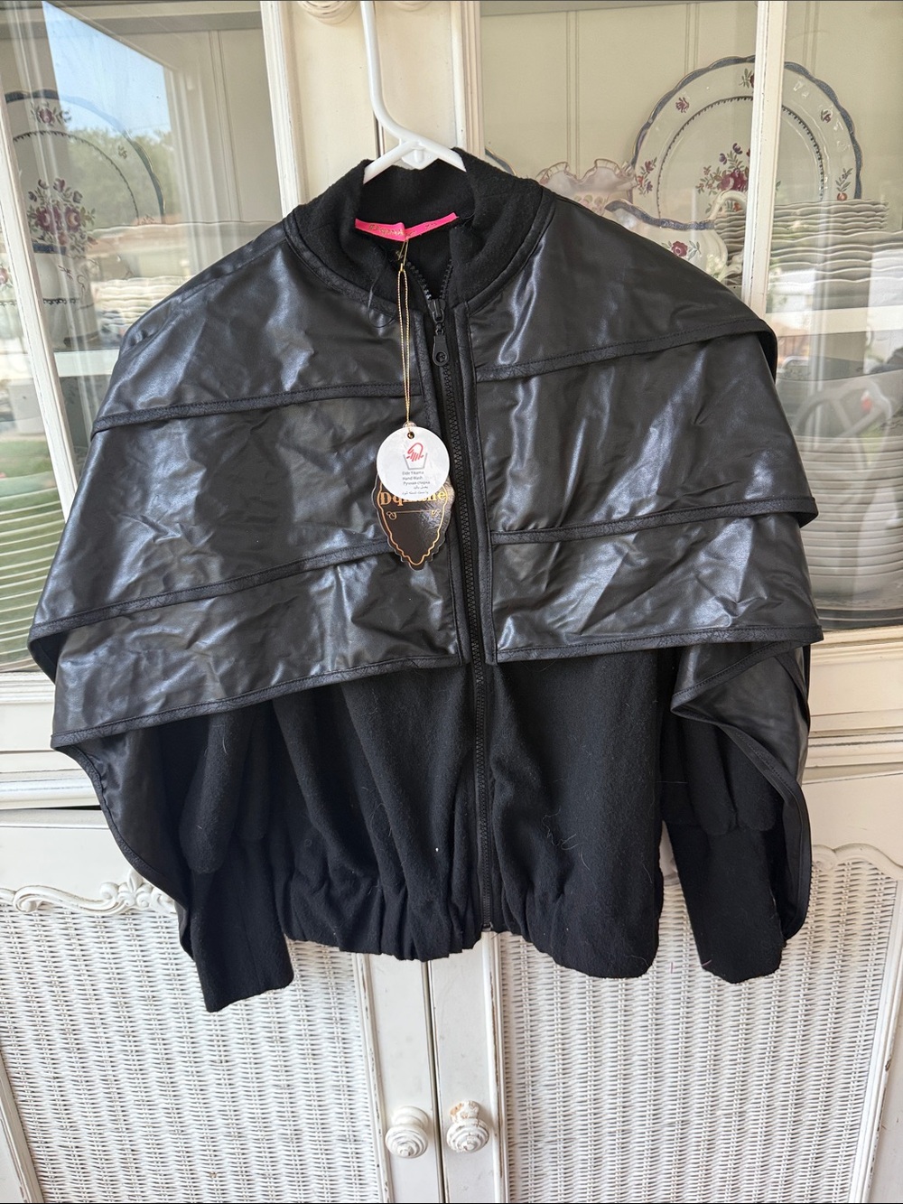 Black Layered Faux Leather Cape Jacket by DQMANE XS boutique NWT